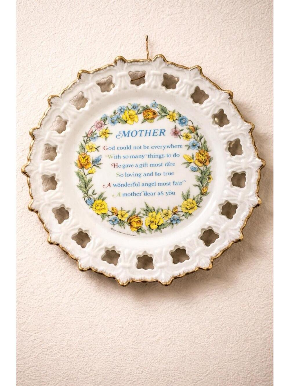 ENCO 1971 Mother Porcelain Reticulated Decorative Plate Gold Accent, 8”